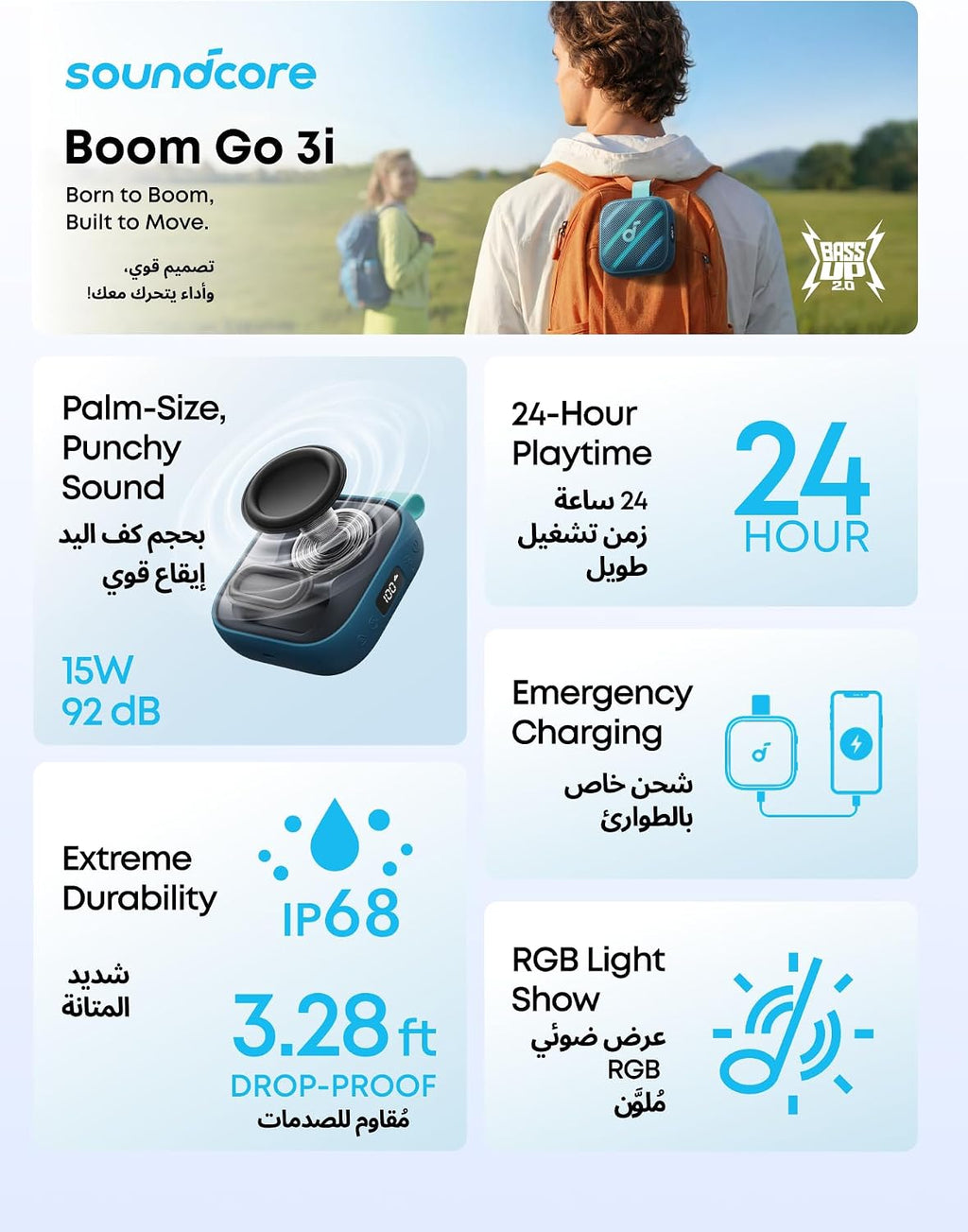 B0GFNF7TZ9 | soundcore by Anker Boom Go 3i Speaker, 15W, IP68, 24H Playtime | Blue | Image 16