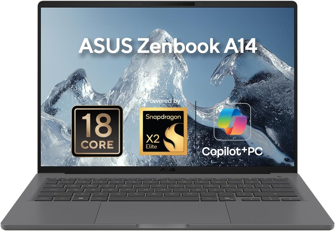 ASUS Zenbook A14 AI Laptop (Iceland Gray) | Snapdragon X2 Elite 18-core, 14"WUXGA OLED Display, 16GB LPDDR5 RAM, 1TB SSD, Qualcomm Adreno GPU,Qualcomm Hexagon NPU up to 80TOPS, Win11 [UX3407NA-QD087W] — product image 1