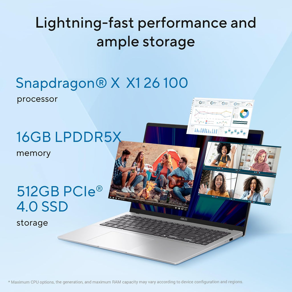 ASUS Vivobook 16 AI Laptop (Cool Silver) | Snapdragon X X1 26 100, 16"WUXGA Display, 16GB LPDDR5X RAM, 512GB SSD, Qualcomm Adreno GPU, Qualcomm Hexagon NPU up to 45TOPS, Win11 [X1607QA-MB055W] — product image 3