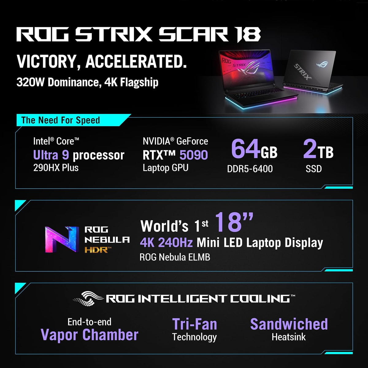 Asus ROG Strix SCAR 18 Gaming Laptop (Off Black) | 18"4K (3840 x 2400, WQUXGA) 240Hz Display, Intel Core Ultra 9 290HX Plus, NVIDIA RTX5090 24GB, 64GB RAM, 2TB SSD, Win11 [G835LXG-TQ512W] — product image 4