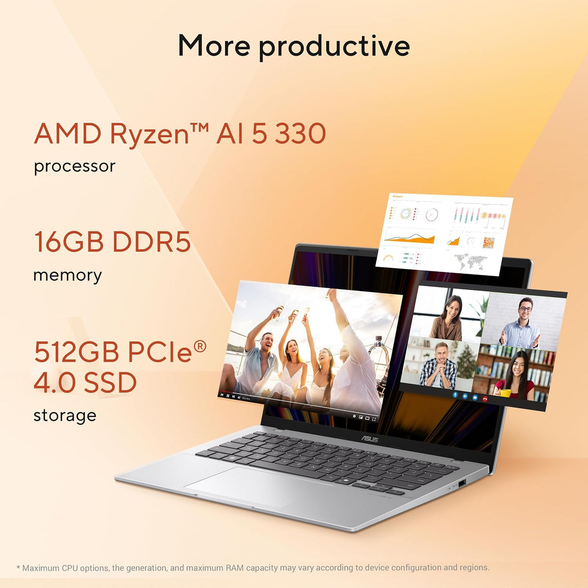 ASUS Vivobook 14 AI Pc (Platinum Gold) | 14"WUXGA (1920 x 1200) Display, AMD Ryzen AI 5 330, AMD XDNA NPU up to 50TOPS, 16GB RAM, 512GB SSD, Win11 [M1407KA-LY174W] — product image 4