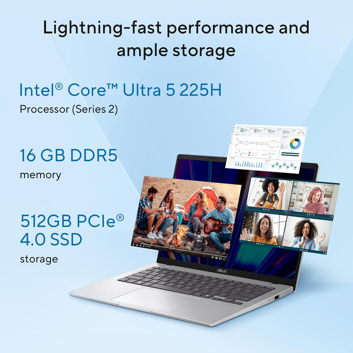 ASUS Vivobook 14 AI Pc (Cool Silver) | 14"WUXGA (1920 x 1200) Display, Intel Core Ultra 5 225H, Intel AI Boost NPU up to 13TOPS, 16GB RAM, 512GB SSD, Win11 [X1407CA-LY148W] — product image 3