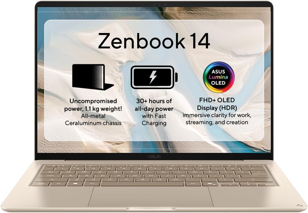 ASUS Zenbook 14 OLED UX3480QA-U1158W Laptop, 14" WUXGA OLED Display, Snapdragon X X1-26-100 Processor, 8GB LPDDR5X RAM, 512GB PCIe 4.0 SSD, Qualcomm Adreno Graphics, FHD IR Camera, WIN 11 Home, Beige — product image 1