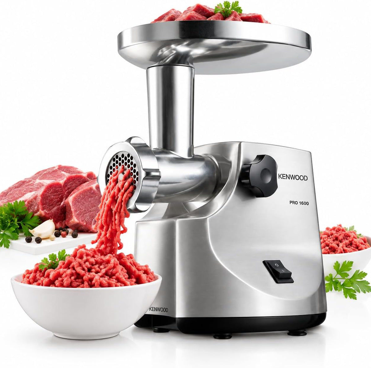 KENWOOD Meat Grinder 1600W Powerful Metal Body Meat Mincer with Kibbeh Maker, Sausage Maker, Feed Tube Pusher, 3 Stainless Steel Screens for — product view