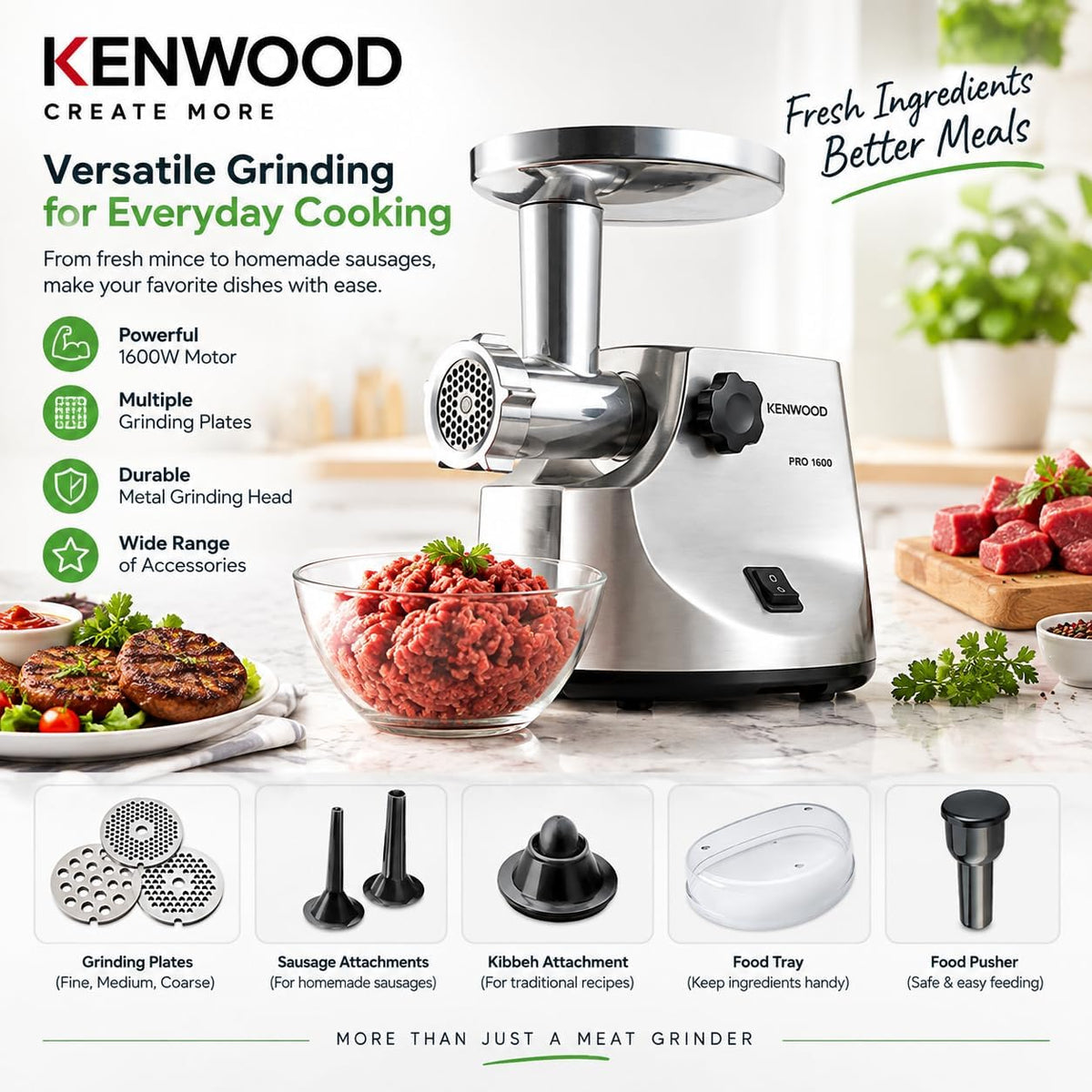 KENWOOD Meat Grinder 1600W Powerful Metal Body Meat Mincer with Kibbeh Maker, Sausage Maker, Feed Tube Pusher, 3 Stainless Steel Screens for — detail image 2