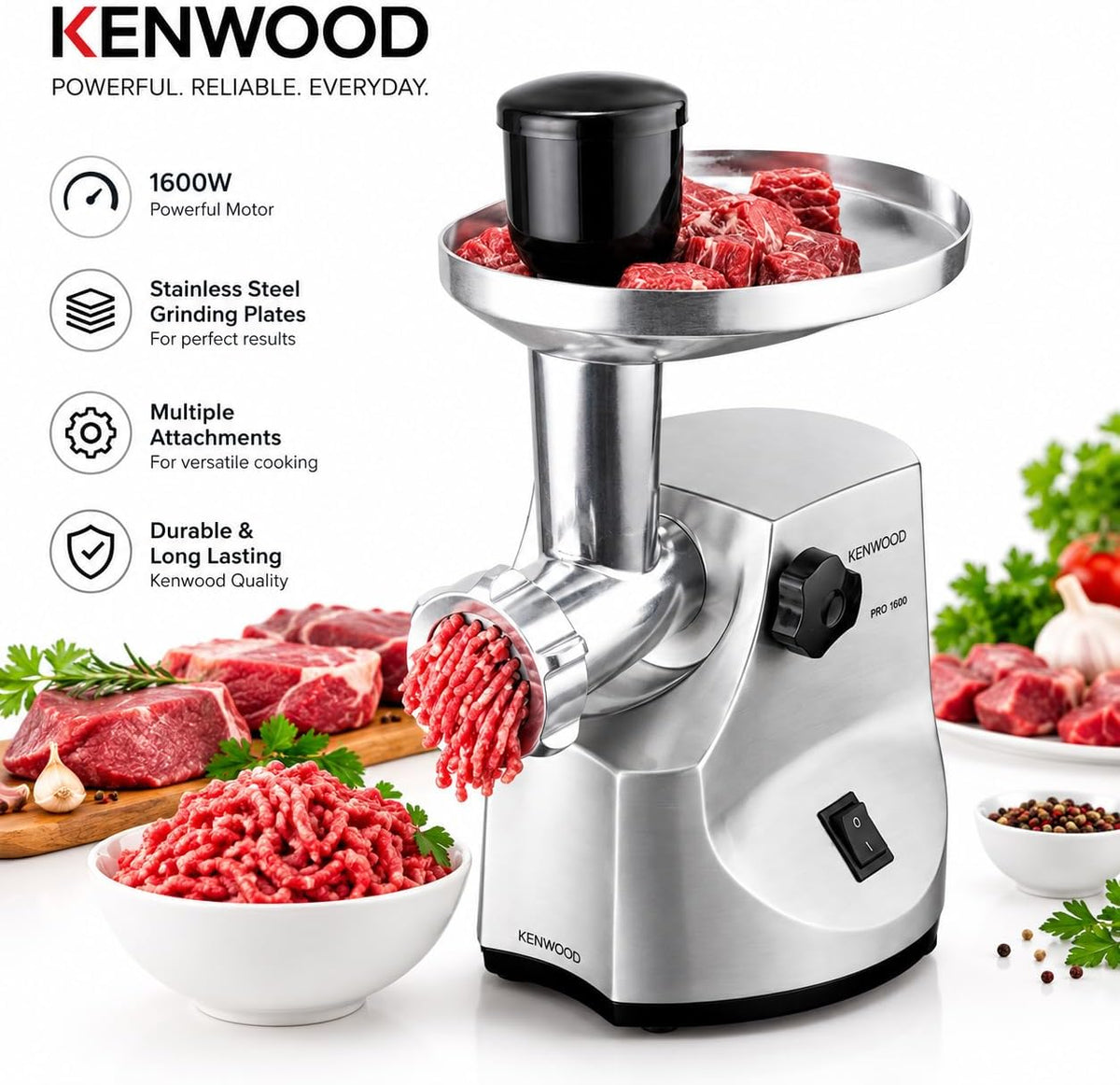 KENWOOD Meat Grinder 1600W Powerful Metal Body Meat Mincer with Kibbeh Maker, Sausage Maker, Feed Tube Pusher, 3 Stainless Steel Screens for — detail image 4