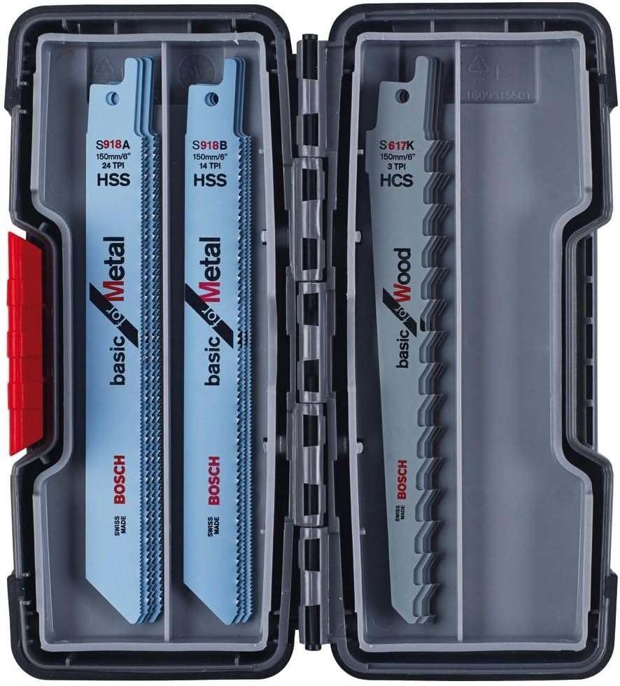 Bosch Professional 2607010901 15-Piece Recip Saw Blade Wood and Metal Set (for Wood and Metal, Toughbox, Accessories for Recip Saws), White — product view