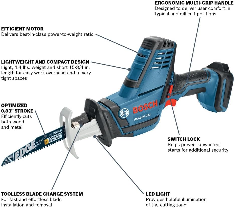 BOSCH GSA18V-083B 18V Cordless Reciprocating Saw - Lightweight & Compact, 0.83" Stroke, 3,050 SPM, Variable-Speed Trigger, Toolless Blade Ch — detail image 2