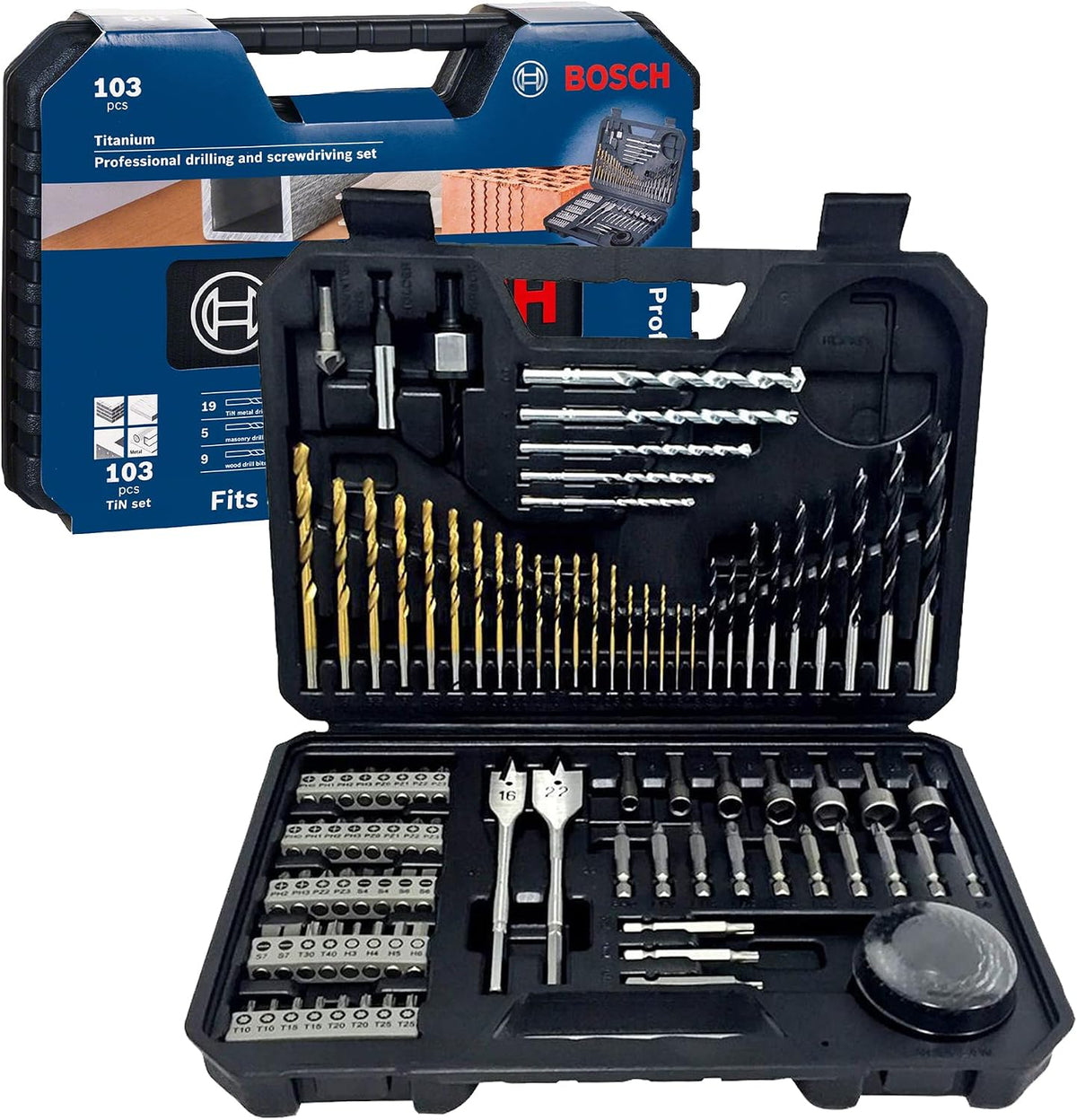 Bosch Professional 103PC Drill Bit Accessory Set, 103 pcs of drill and screw driver bit set. | Model: 2608594070 — product view