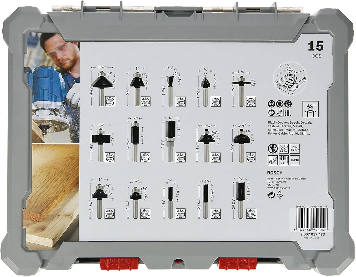 Bosch Professional 2607017473 15-Piece Milling Cutter Set for Wood for Router with 1/4 Inch Shank, Colour, 1/4 Zoll — detail image 3
