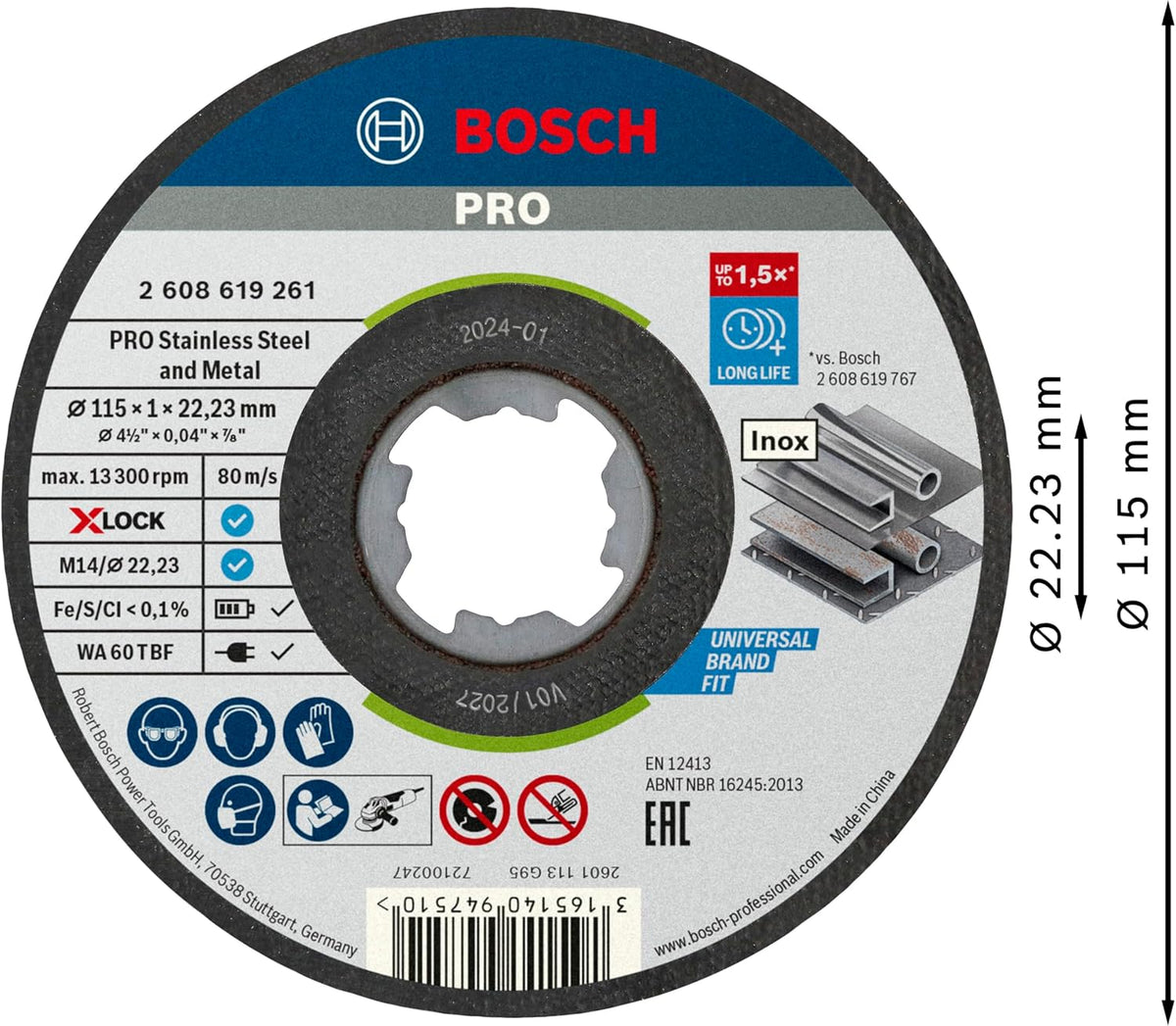 Bosch Professional 2608619266 Pack of 10 Straight Cutting Disc Standard (for INOX, X-Lock, Diameter 115 mm, Bore Diameter 22.23 mm, Thicknes — detail image 3