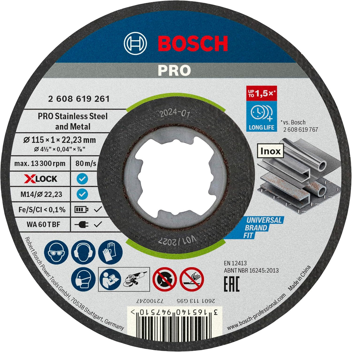 Bosch Professional 2608619266 Pack of 10 Straight Cutting Disc Standard (for INOX, X-Lock, Diameter 115 mm, Bore Diameter 22.23 mm, Thicknes — product view