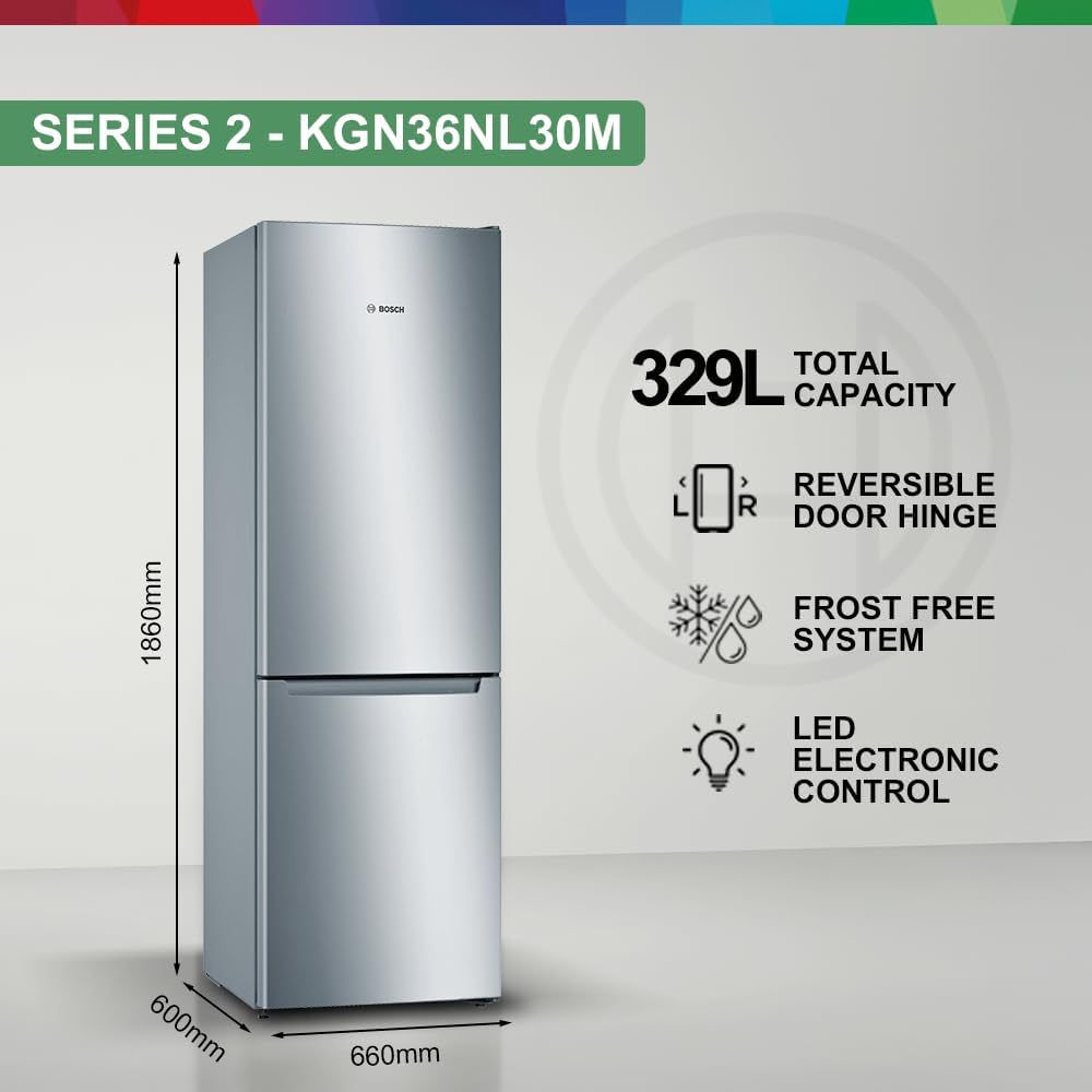 Bosch Free Standing, Top Fridge Bottom Freezer, 329 Liters, Silver Finish, KGN36NL30M — detail image 2
