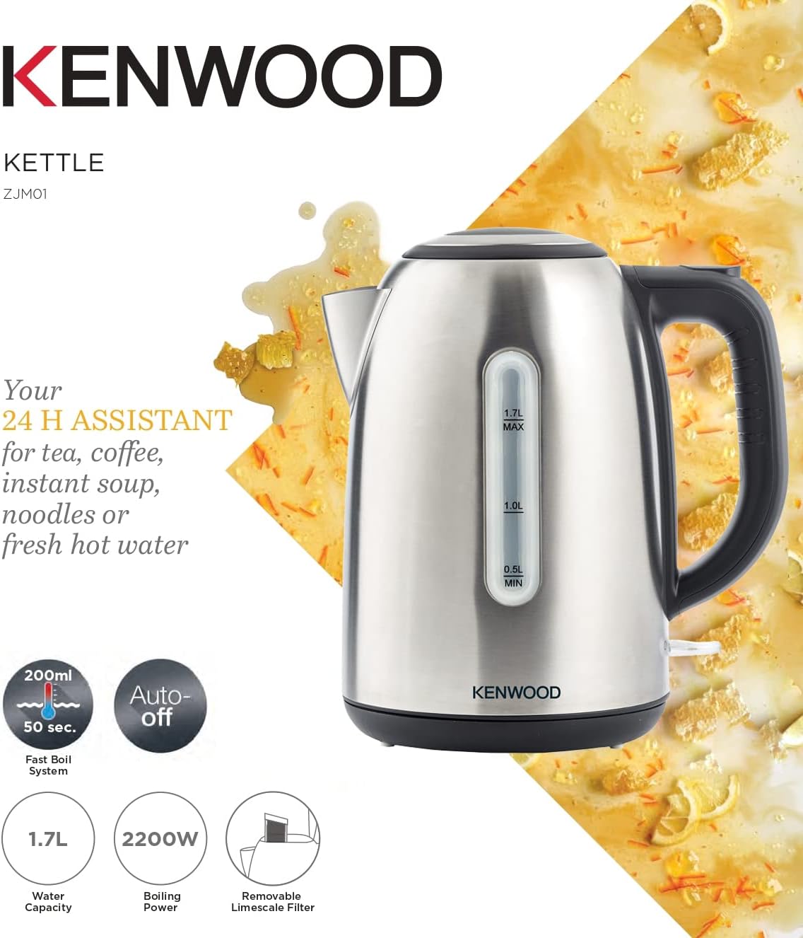 KENWOOD Stainless Steel Kettle 1.7L Cordless Electric Kettle 2200W with Auto Shut-Off & Removable Mesh Filter ZJM01.A0BK Silver/Black — detail image 2