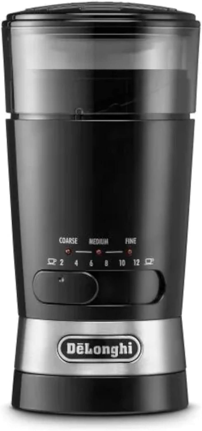 De'Longhi Electric Coffee & Spices Grinder Mill With Stainless Steel Blade , & 3 Grinding Level Settings , 12 Cups Capacity , KG210 , Black — product view