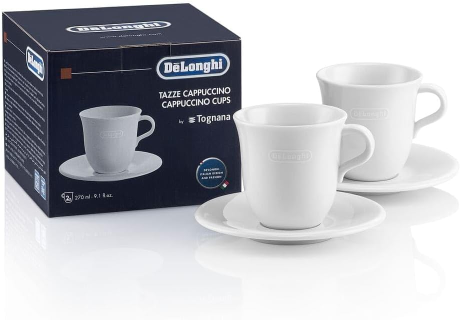 De'Longhi Porcelain Cappuccino Cups Set of 2, 270 ml Capacity, White, Microwave and Dishwasher Safe, Handmade, Ideal for Cappuccino - DLSC30 — product view
