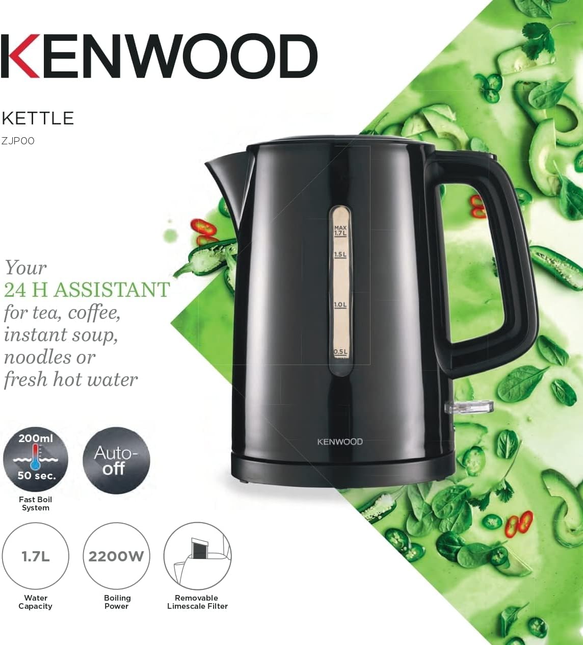 Kenwood Kettle 1.7L Cordless Electric Kettle 2200W with Auto Shut-Off & Removable Mesh Filter ZJP00.000BK Black — detail image 2