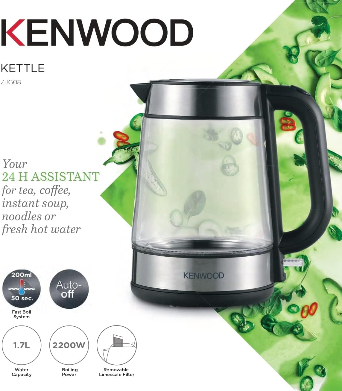 Kenwood Glass Kettle 1.7L Cordless Electric Kettle 2200W with Auto Shut-Off & Removable Mesh Filter ZJG08.000CL Clear/Silver/Black — detail image 2