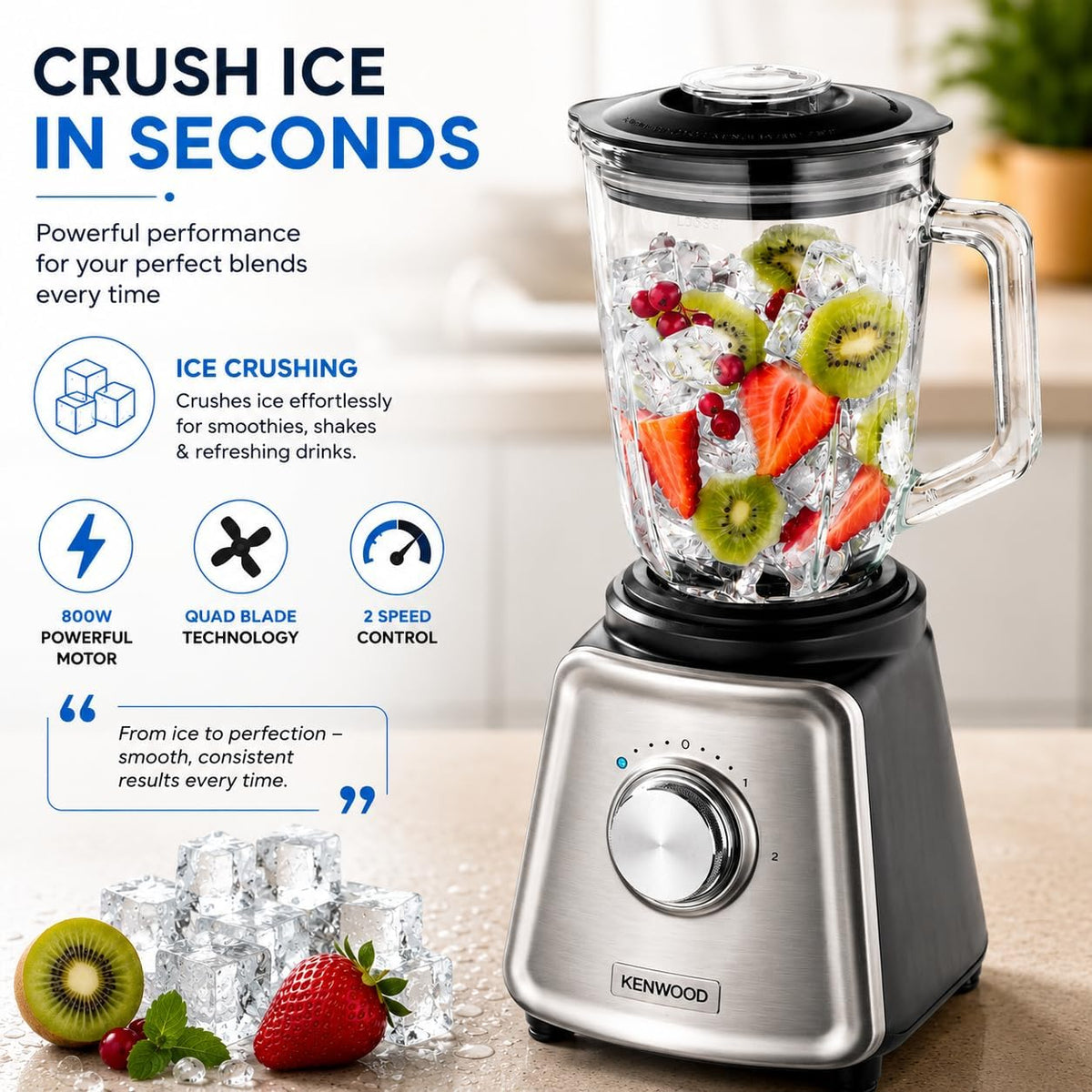 KENWOOD Glass Blender 800W Smoothie Blender/Smoothie Maker 1.5L with Glass Grinder Mill, Meat Grinder/Chopper Mill, Ice Crush Function BLP44 — detail image 2