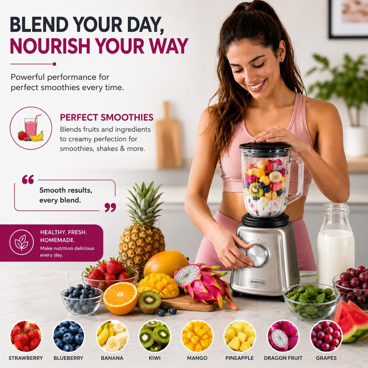 KENWOOD Glass Blender 800W Smoothie Blender/Smoothie Maker 1.5L with Glass Grinder Mill, Meat Grinder/Chopper Mill, Ice Crush Function BLP44 — detail image 3