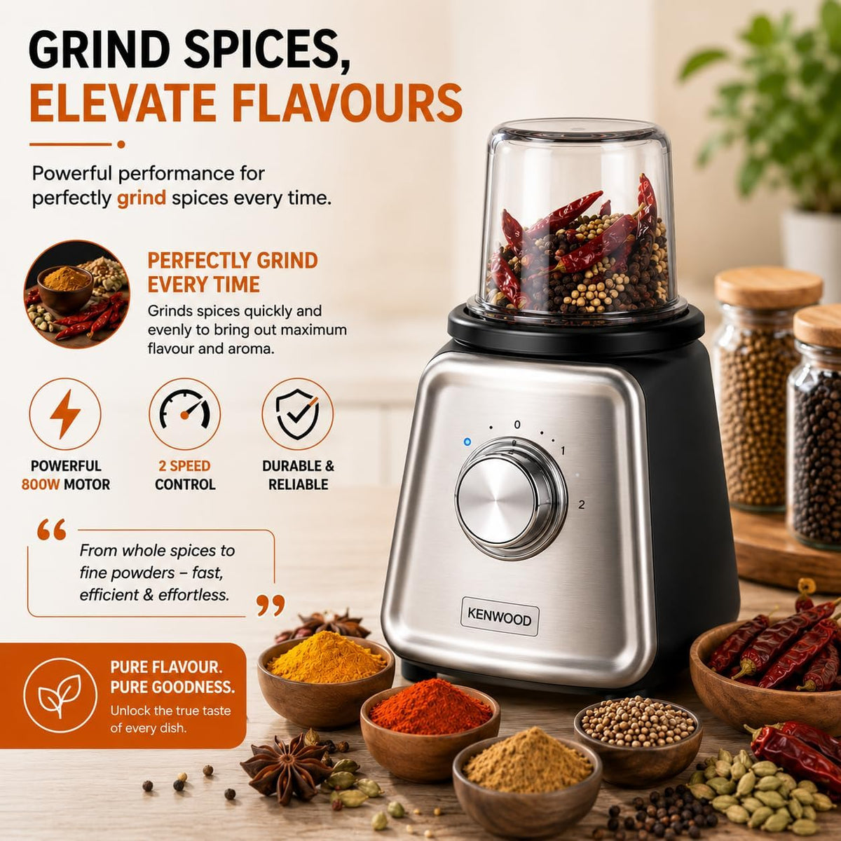 KENWOOD Glass Blender 800W Smoothie Blender/Smoothie Maker 1.5L with Glass Grinder Mill, Meat Grinder/Chopper Mill, Ice Crush Function BLP44 — detail image 5