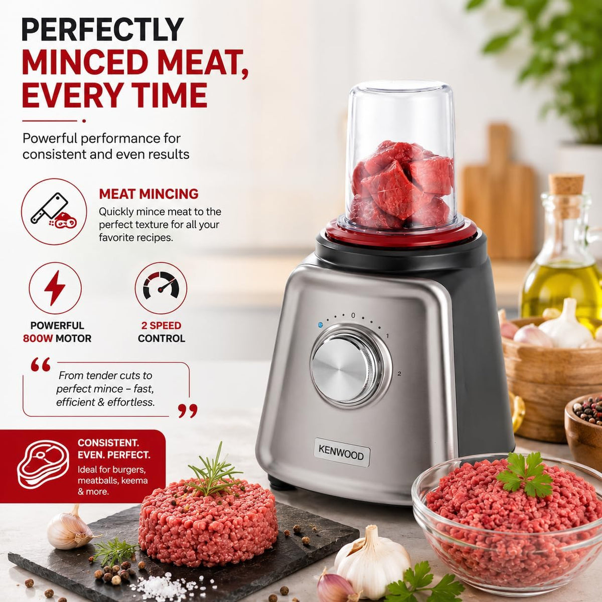 KENWOOD Glass Blender 800W Smoothie Blender/Smoothie Maker 1.5L with Glass Grinder Mill, Meat Grinder/Chopper Mill, Ice Crush Function BLP44 — detail image 4