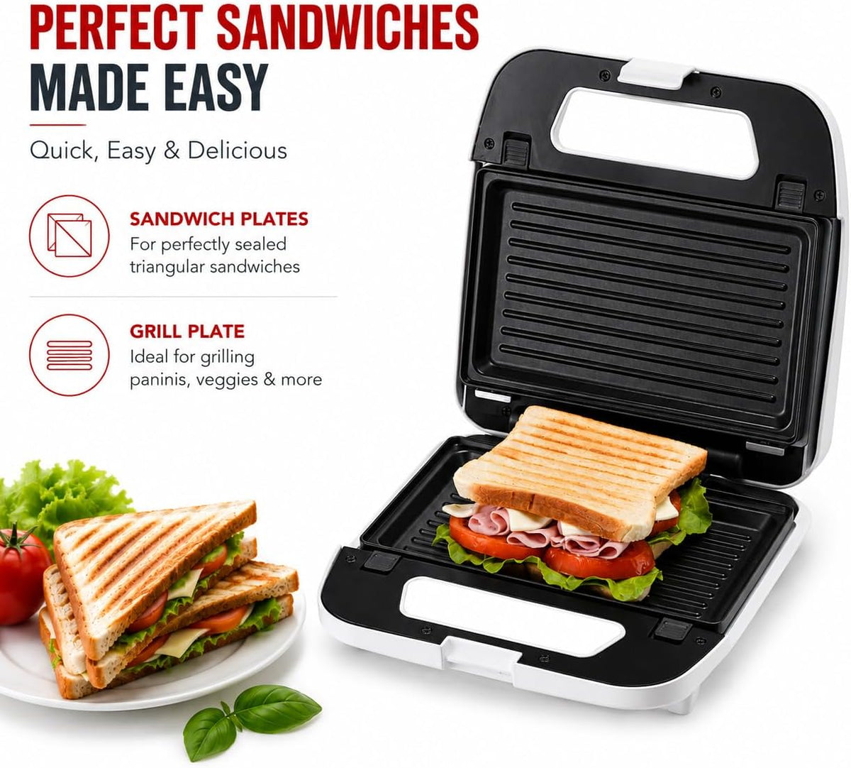 KENWOOD 2-in-1 Sandwich Maker & Grill with 2 Sets of Non Stick Multifunctional Plates for Grilling and Toasted Sandwiches SMP02.000WH White — detail image 2