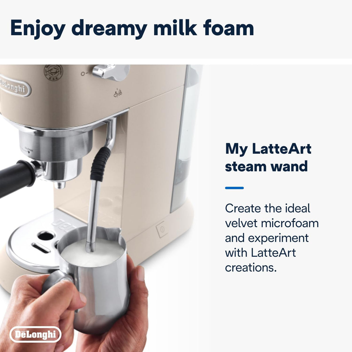 De'Longhi Dedica Arte Espresso Machine - MyLatteArt Milk Foam Nozzle, 15 BAR Pressure, Steel Tamper Included, Beige Gold - Create Perfect Es — detail image 5
