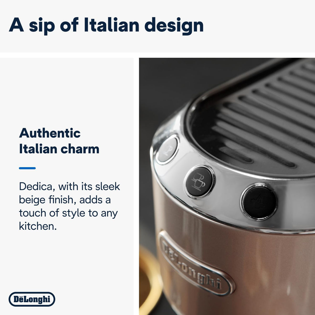 De'Longhi Dedica Arte Espresso Machine - MyLatteArt Milk Foam Nozzle, 15 BAR Pressure, Steel Tamper Included, Beige Gold - Create Perfect Es — detail image 3
