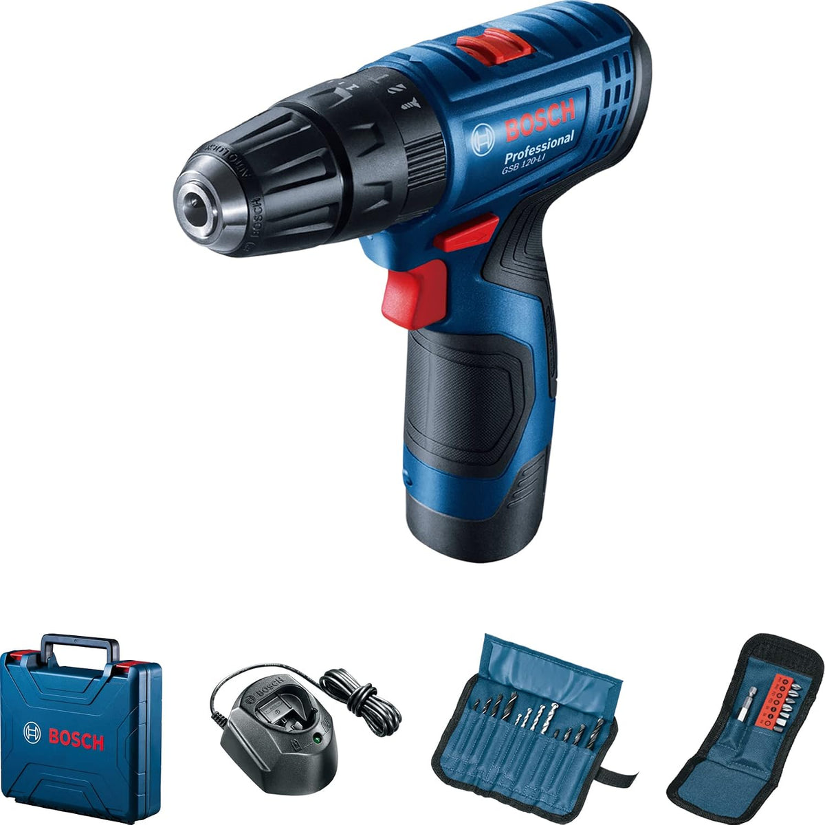 Bosch Professional Cordless Combi GSB 120-LI (1x2Ah Battery + 23pc Screwbit+Case) for screwdriving and drilling | Model: 06019G81L1 — product view