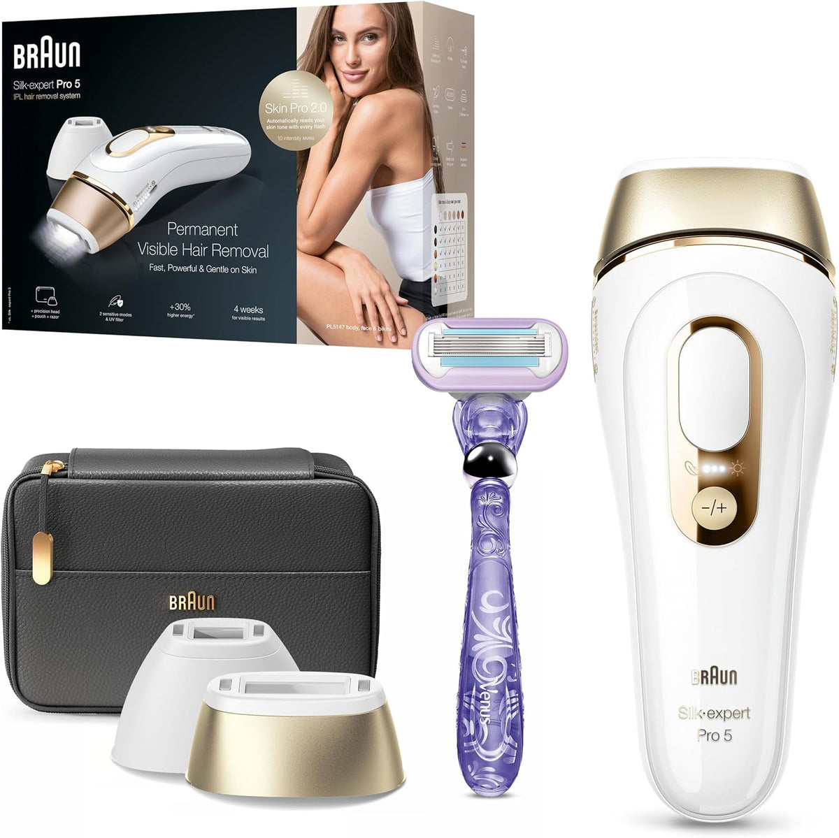 Braun Silk-expert Pro 5 PL5147 IPL Hair Removal Device with Standard and Precision Heads, Venus Razor, White/Gold — product view