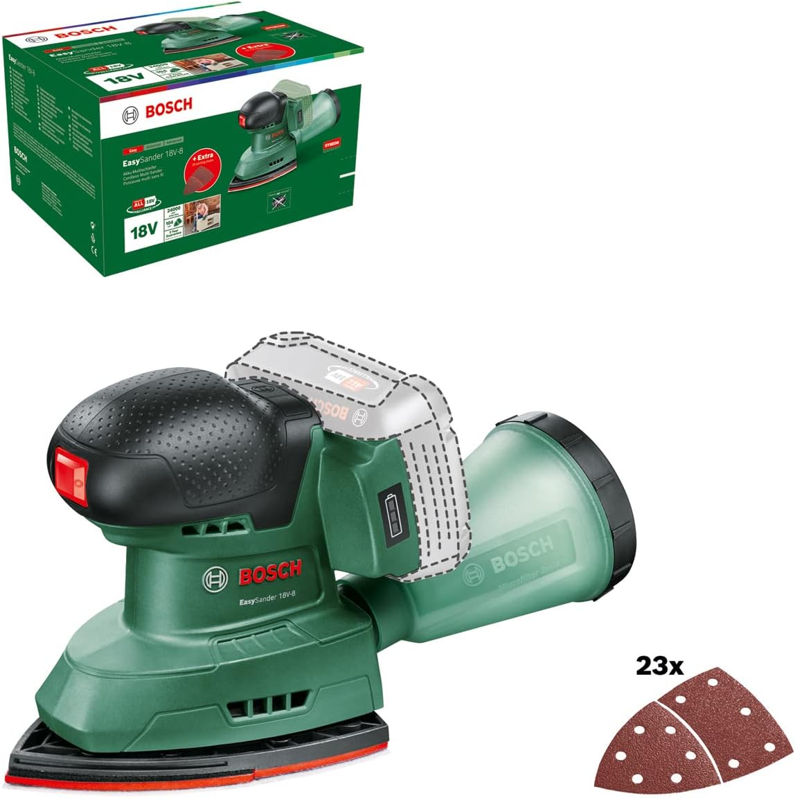 Bosch Cordless Multi-Sander EasySander 18V-8 (without battery; 18V system; for DIY wood; 3pcs sanding sheets; 20 pcs sanding paper; in cardb — product view