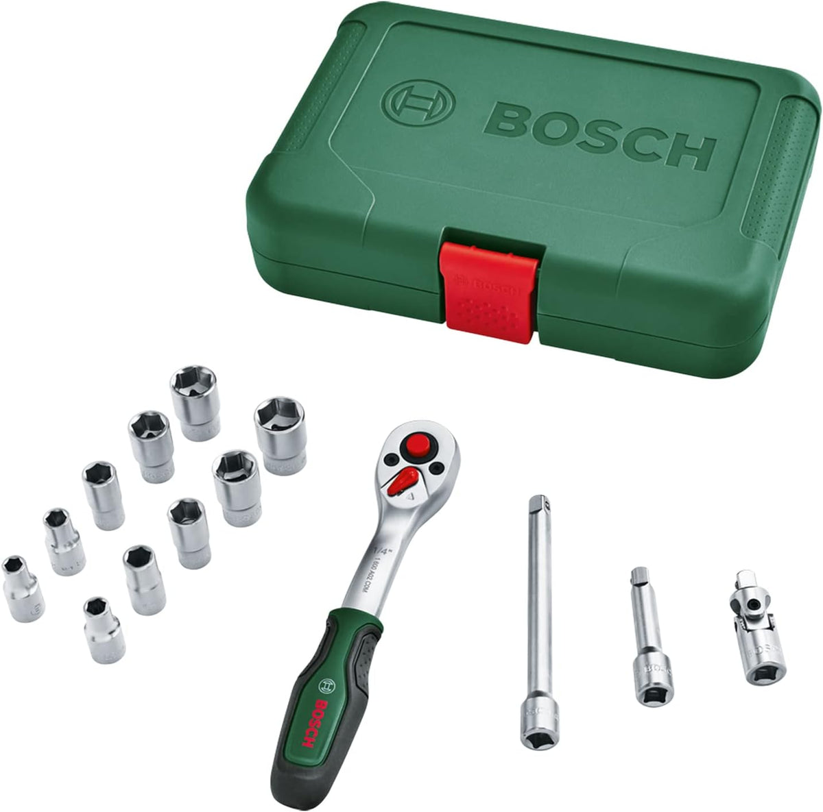 Bosch Ratchets / 1/4 Inches Drive Socket Set 14-Piece (Ideal-Quality, Versatile Drive Socket Set for Multiple DIY Tasks; Ergonomic, Soft Gri — product view