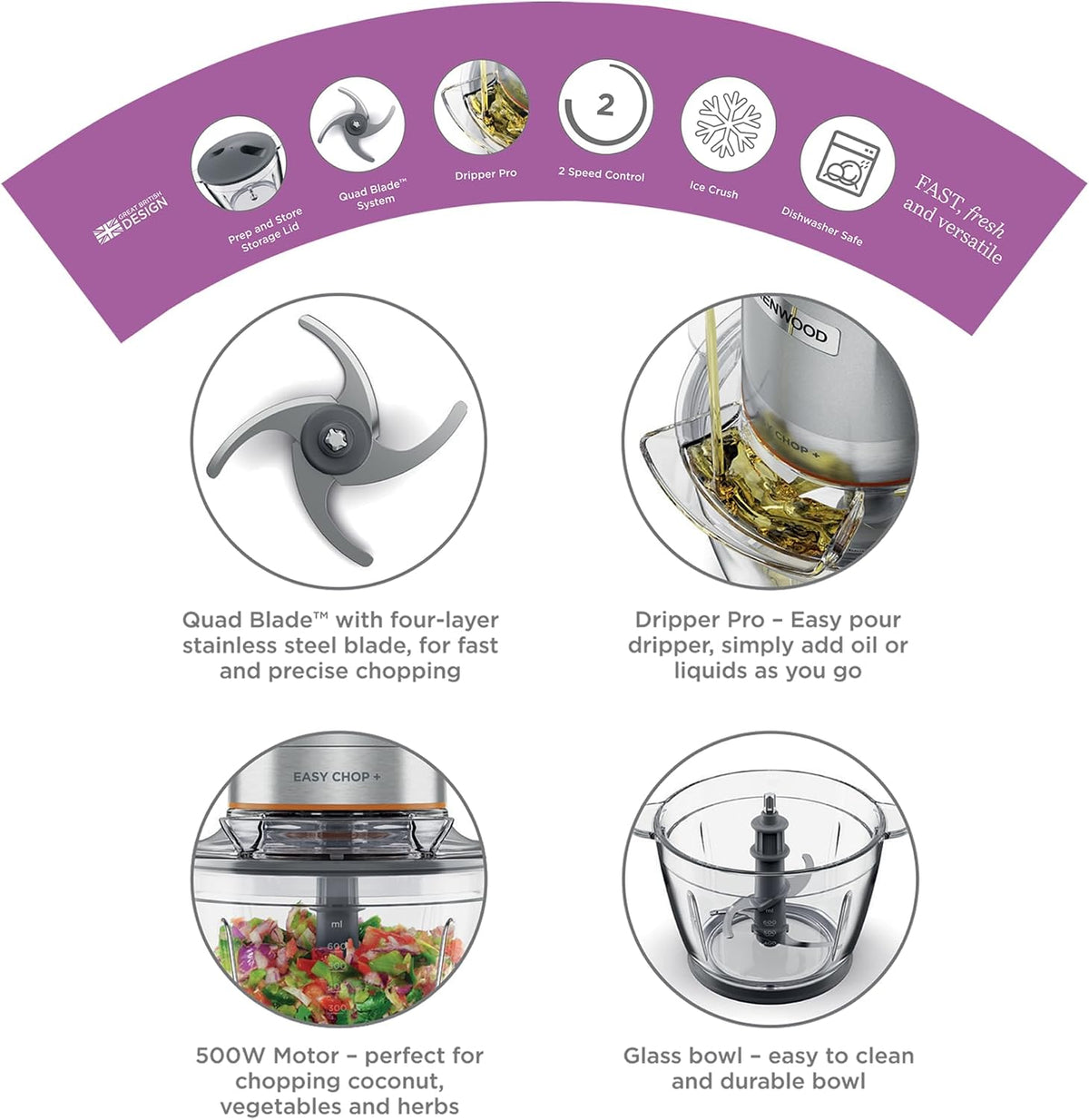 KENWOOD Glass Chopper 500W Electric Food Chopper with 1.2L Glass Bowl (600ml working capacity), Dripper Pro, Quad Blade, Storage Lid, Dual S — detail image 2