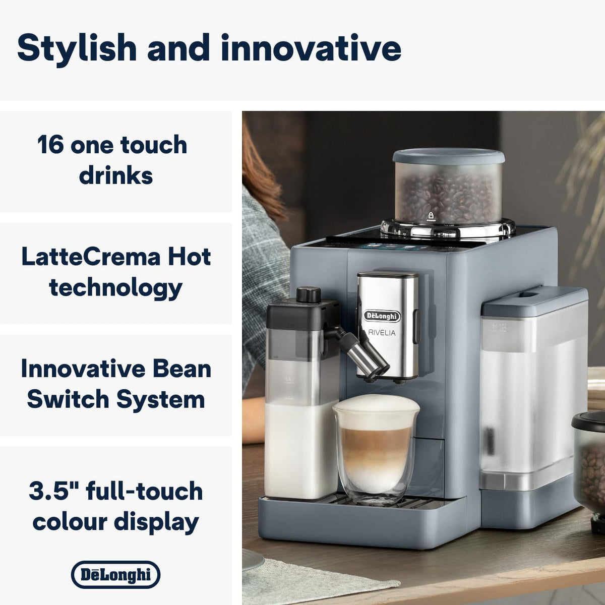 De'Longhi Coffee Machine RIVELIA Fully Automatic Espresso Machine with Bean Hopper, Color Touch Display, 13 Grinder Settings, LatteCrema, Tw — detail image 3