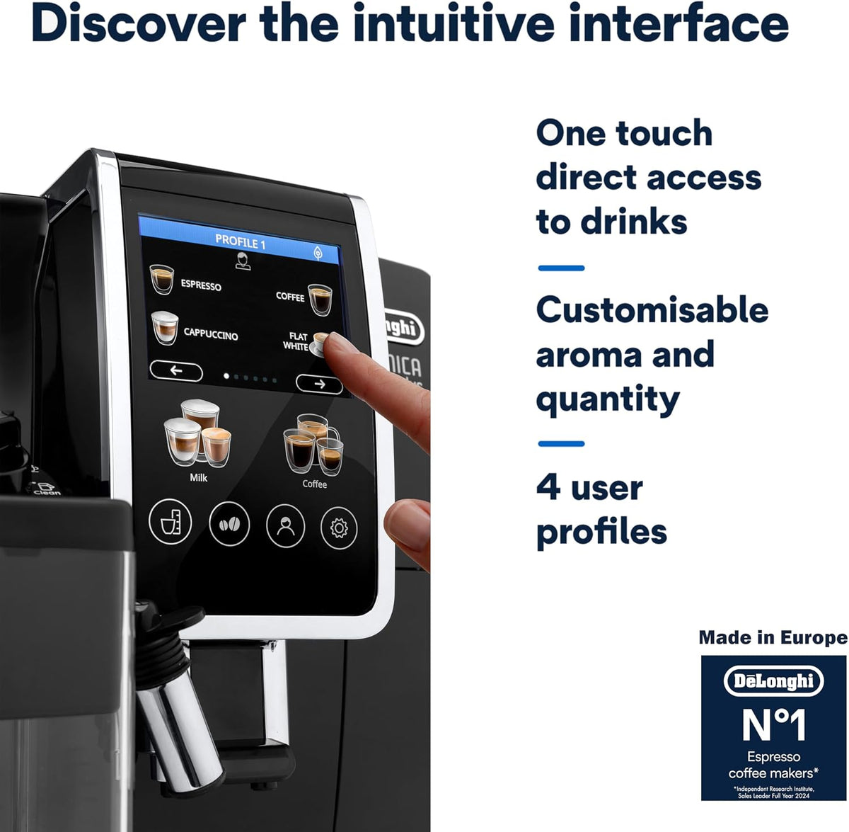 De'Longhi Coffee Machine DINAMICA PLUS Fully Automatic Espresso Machine with Color Touch Display, 13 Grinder Settings, LatteCrema, Twin Shot — detail image 3