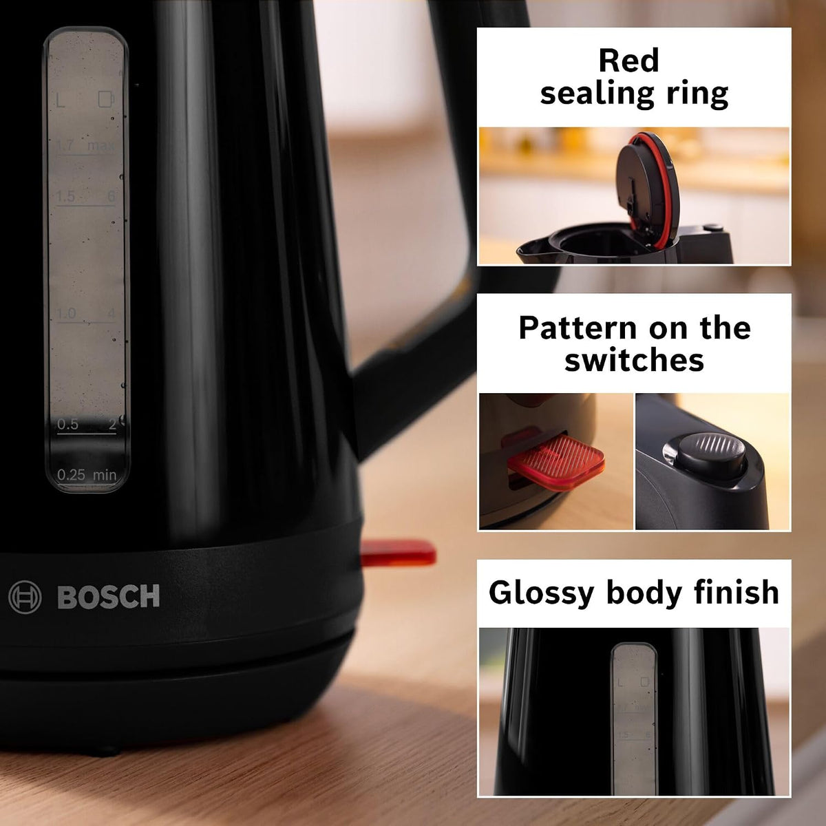 Bosch MyMoment Electric Kettle, TWK1M123GB, 1.7L / 3000W, Black, German Engineering — detail image 6