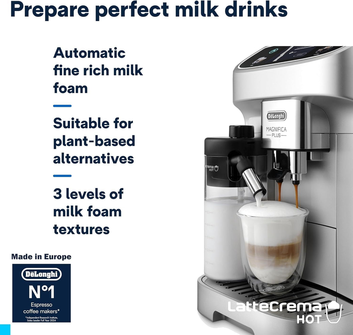 De'Longhi Coffee Machine MAGNIFICA PLUS Fully Automatic Espresso Machine with Color Touch Display, 13 Grinder Settings, LatteCrema, Twin Sho — detail image 5