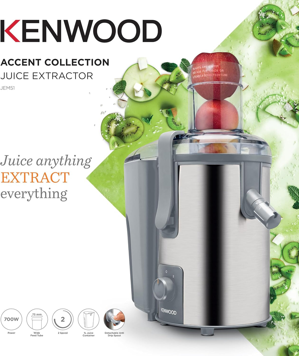KENWOOD Juicer 700W Stainless Steel Juice Extractor with 75mm Wide Feed Tube, 2 Speed, Transparent Juice Jug, Pulp Container, Anti Drip for  — detail image 2