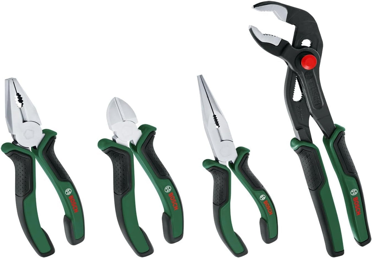 Bosch Pliers Set, 4 Pieces (160 mm Side Cutters, 180 mm Combination Pliers, 180 mm Needle-Nose Pliers, 250 mm Water Pump Pliers for Demandin — product view