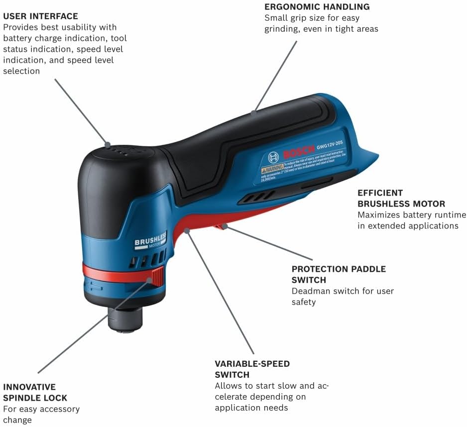 BOSCH GWG12V-20SN 12V Max Brushless 1/4 In. Right Angle Die Grinder (Bare Tool) — detail image 2