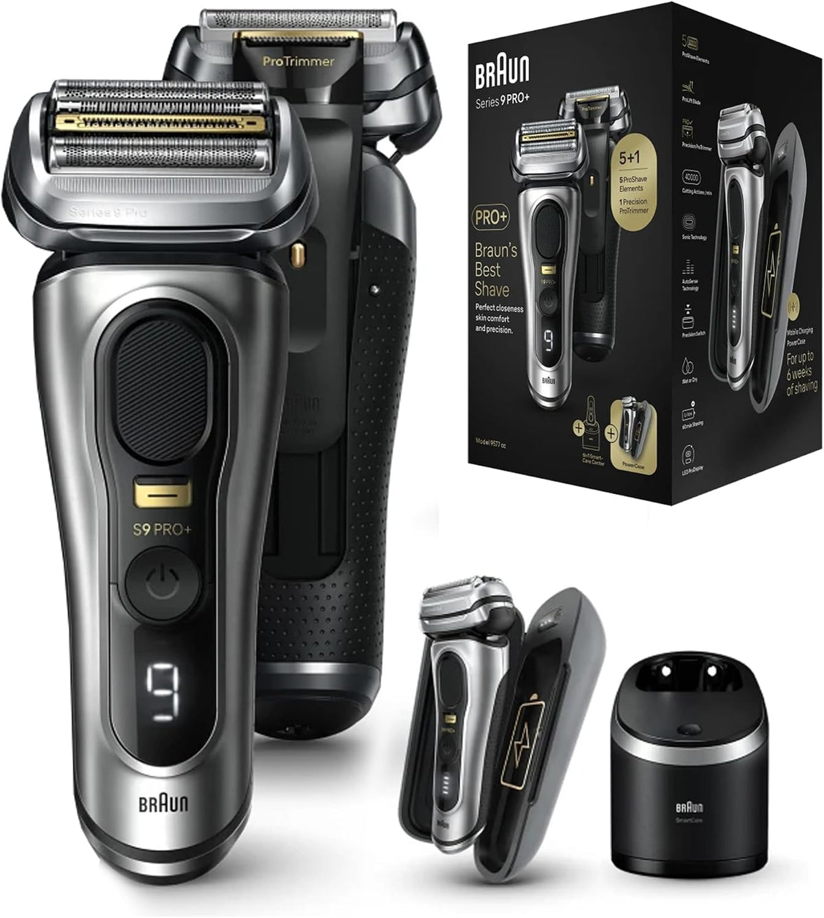 Braun Series 9 PRO+ 9577cc Wet & Dry Electric shaver 5+1 Direct&Cut Blade, ProTrimmer, SkinGuard and titanium-coated ProLift Blade.The 6in1  — product view