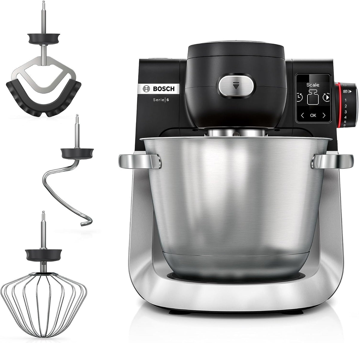 Bosch Kitchen Machine with Scale, MUMS6ZM00G, 1600W, Black/Silver Stainless Steel, German Engineering — product view