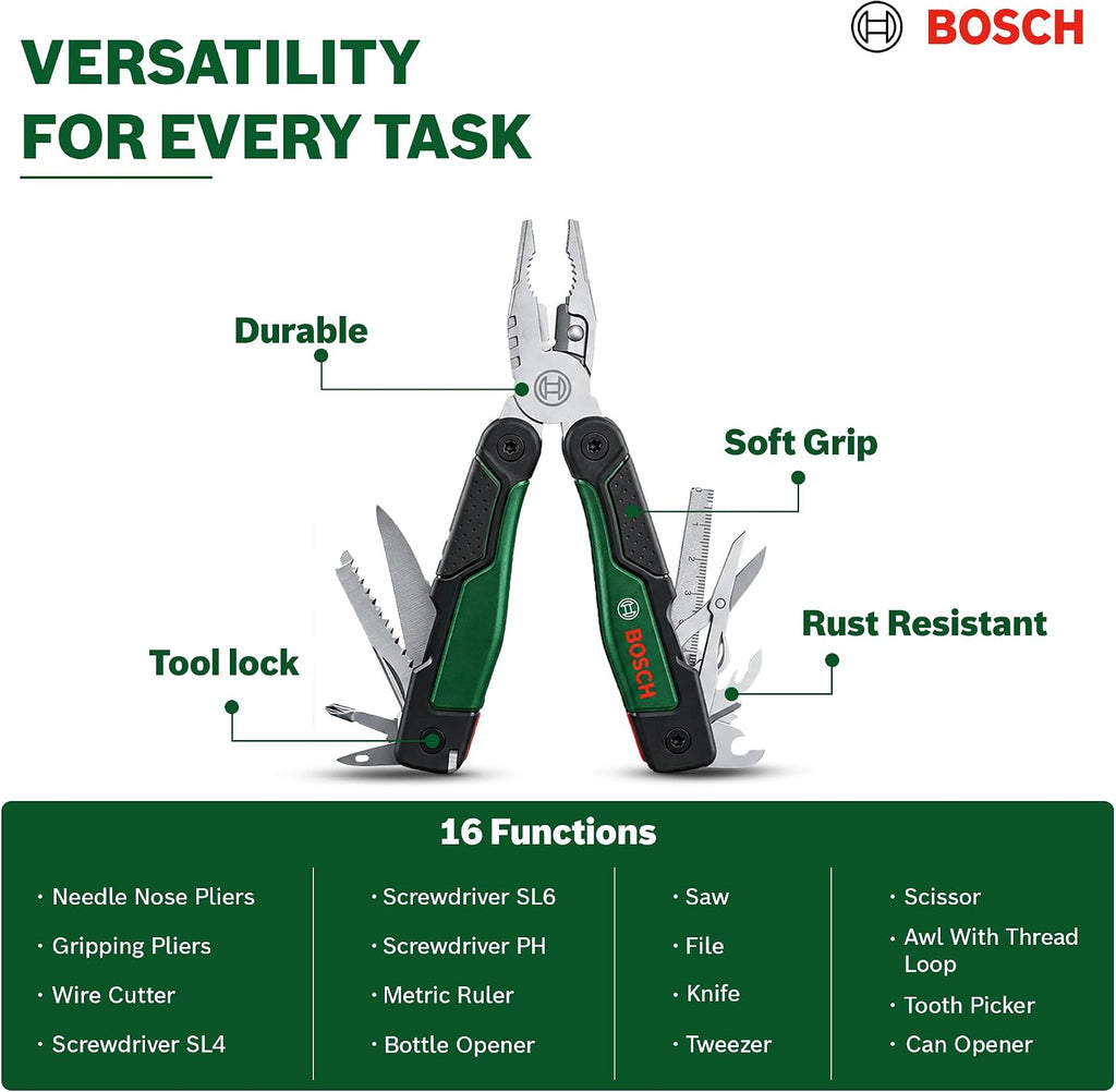 Bosch 16 in 1 Multi-Tool (Multi-Tool for DIY, Outdoor and Camping, Stainless Steel, Locking Function, Soft Grip, 16 Functions: Pliers, Screw — detail image 3