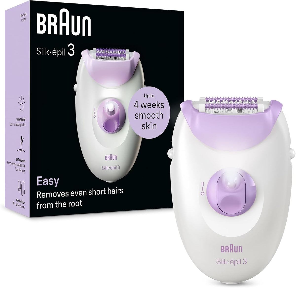 Braun Silk-épil 3 SE 3-000 Epilator, Removes Even Short Hairs From The Root, 20 MicroGrip Tweezers, Non-Stop Corded Epilator, Smart Light, H — product view