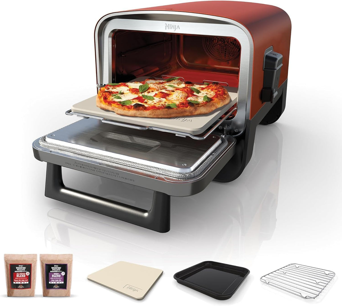Ninja Woodfire Electric Outdoor Oven, 8-in-1 Pizza Oven, High-Heat Roaster & BBQ Smoker with Roast Rack, Tray, Pizza Stone, Terracotta Body/ — product view