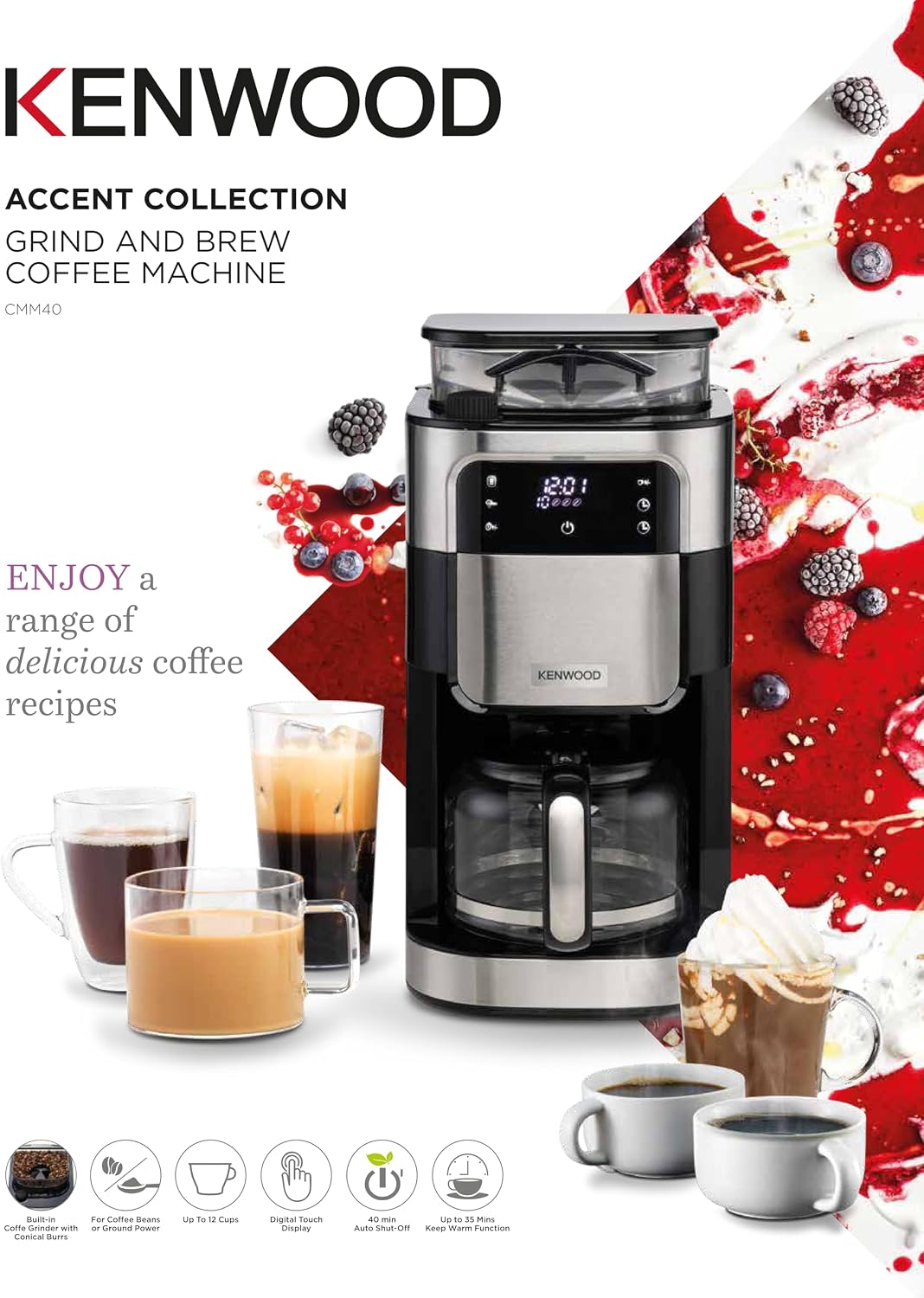 Kenwood Grind & Brew Coffee Maker with Built-in 220g Burr Grinder, 12-Cup Capacity, 1.5L Water Tank, 900W Power, Digital Touch Display – CMM — detail image 2