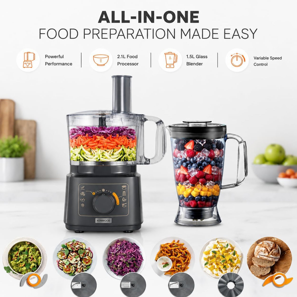 KENWOOD Food Processor 750W Multi-Functional with Blender,Reversible Slicing/Grating Disk, Emulsifying Disk for Whisking, Dough Maker, Knife — detail image 5