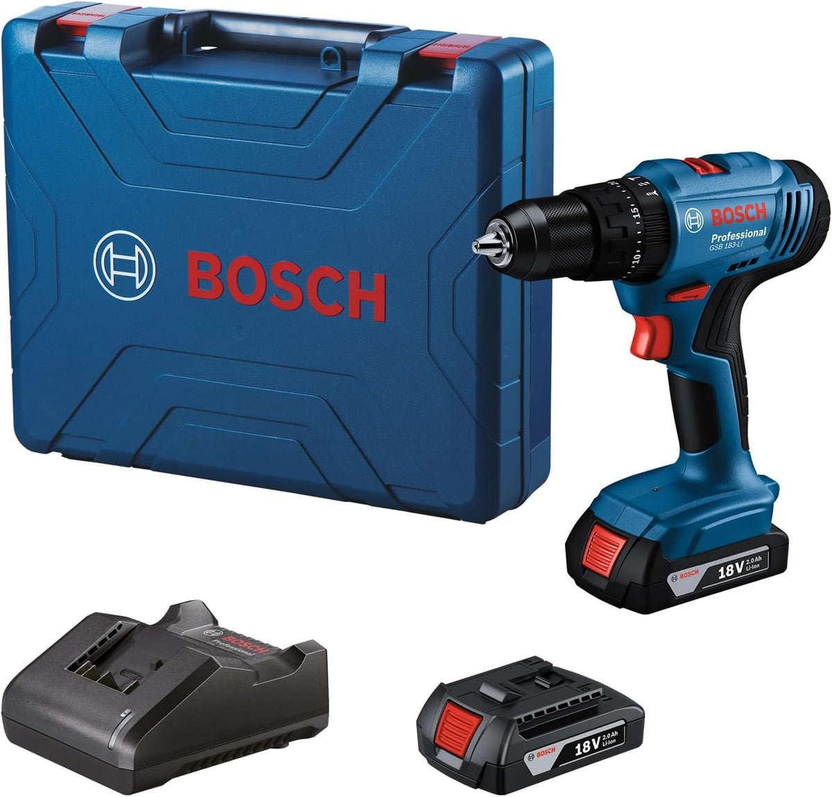 Bosch Cordless Impact Drill/Drivers GSB 183-LI, 2 x battery 1X Charger — product view