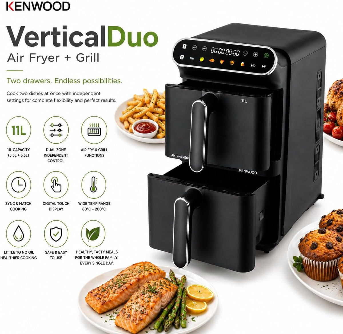 KENWOOD Double Stack XL (2X5.5L) Air Fryer, Vertical Dual Drawer Air Fryer with 4 cooking levels, 2 Drawers and 2 meal Racks,11 L Capacity,  — detail image 2